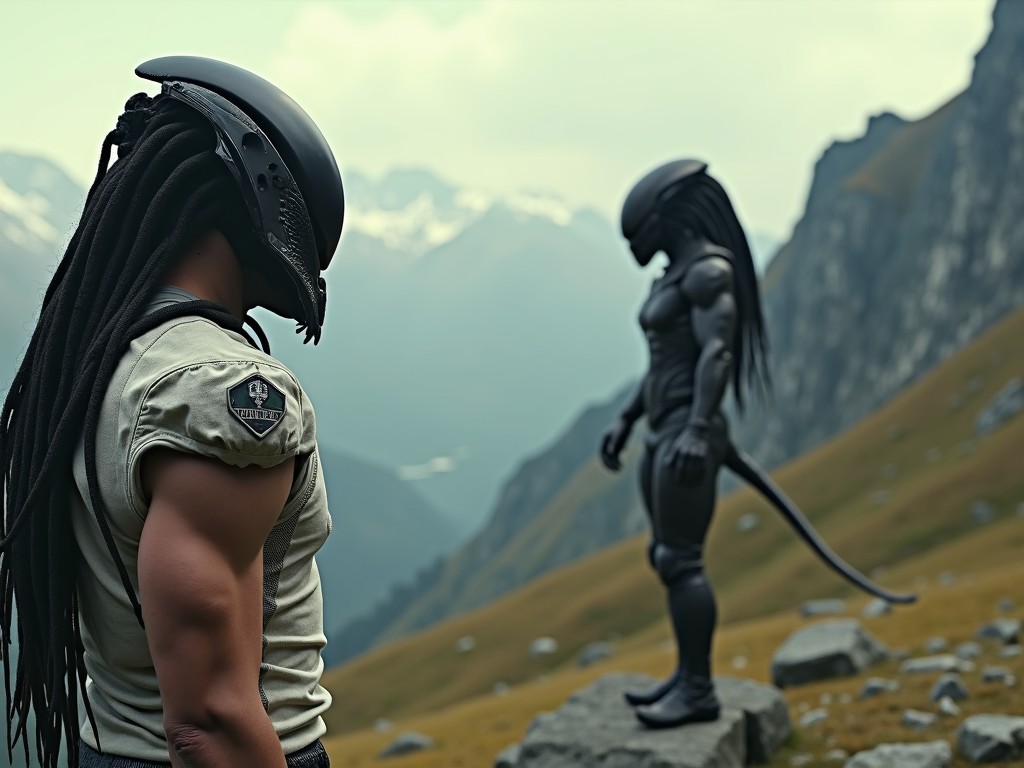 In this striking image, a muscular, helmeted figure stands facing a mysterious alien-like creature poised on a rock in a mountainous landscape. The beings are juxtaposed against the backdrop of rolling hills and distant mountain peaks under a moody sky, creating an intense and surreal atmosphere.