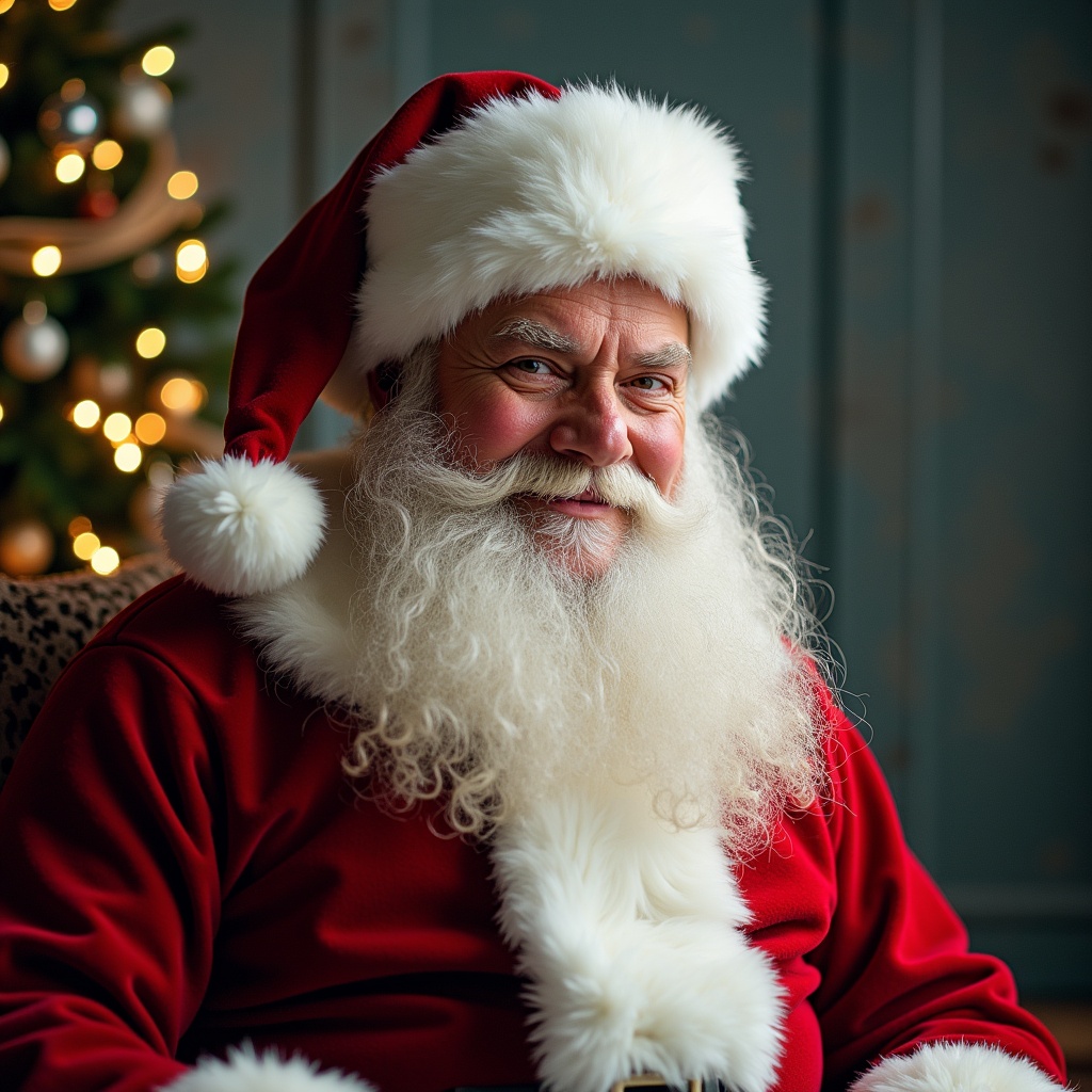 The image features a joyful Santa Claus, dressed in his traditional red and white outfit, with a big fluffy hat. He has a long white beard and a warm smile that radiates cheer. The background gives a cozy holiday feel, enhanced by the twinkling lights of a Christmas tree. The warm lighting adds to the inviting atmosphere. Overall, the image captures the essence of Christmas spirit and joy.