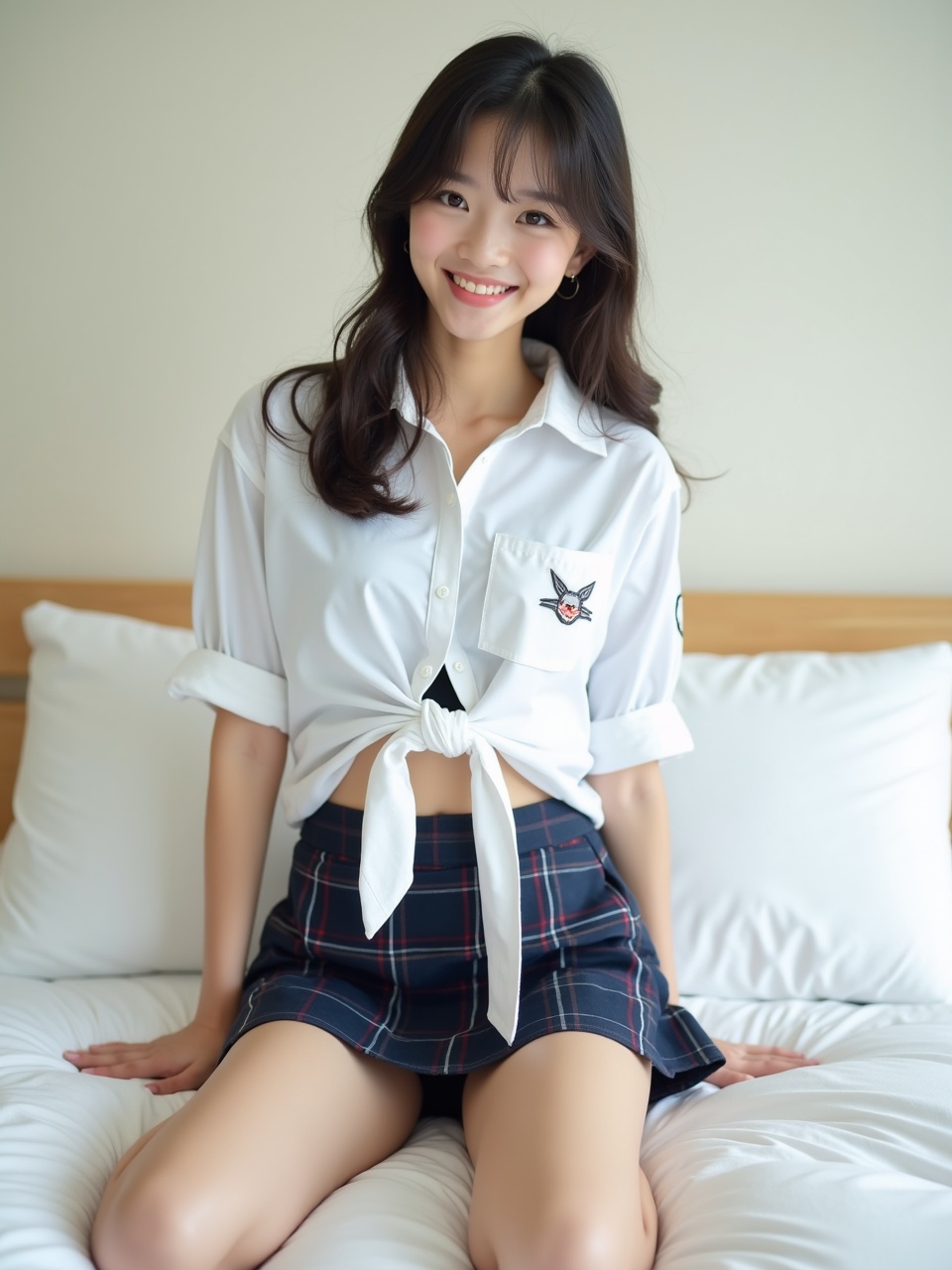 A smiling young woman sitting on a bed, wearing a casual white shirt and plaid skirt, exuding joy and relaxation in a bedroom setting.