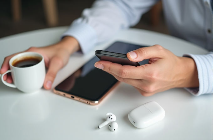 A person holding a smartphone, with a cup of coffee, a tablet, and wireless earphones on a table.