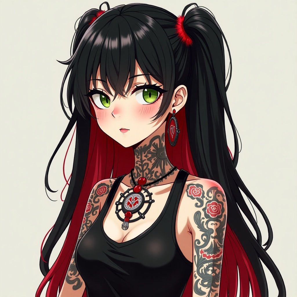 A long-haired girl inspired by Arcane. Black and red hair, streetwear fashion. Tattoos on her body, green eyes. Focus on her features and style.