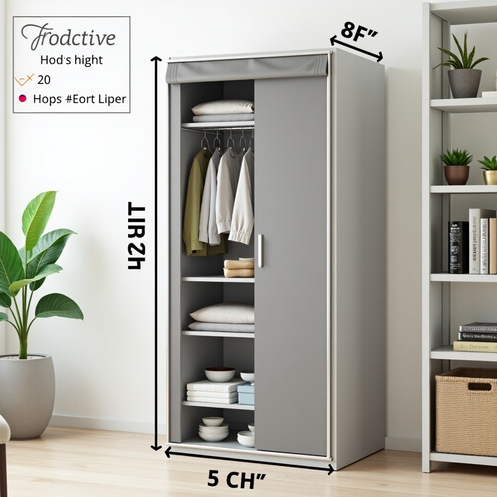 This image showcases a modern storage wardrobe that stands 8 feet tall and is 5 feet wide, perfect for any home. The wardrobe features a sleek gray finish and includes a spacious interior with hanging rods and shelves for maximum organization. The design is ideal for those needing additional storage without occupying too much space. Its dimensions also highlight its 20-inch depth, providing ample room for clothes and accessories. Natural lighting enhances the aesthetic, making it a suitable addition to any room in the house.