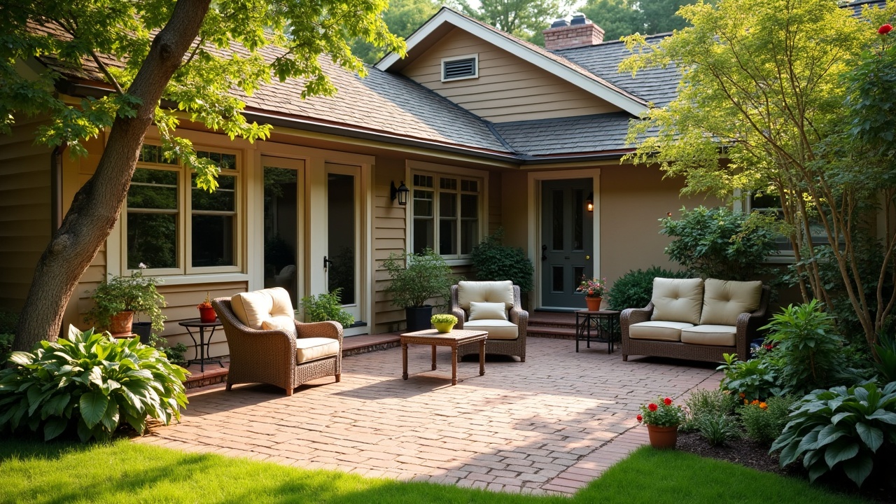 This image captures a serene patio scene outside a cozy home. The patio is adorned with comfortable outdoor furniture, surrounded by lush greenery and potted plants. The light filtering through the trees casts gentle shadows, creating a peaceful and inviting atmosphere perfect for relaxation or social gatherings.