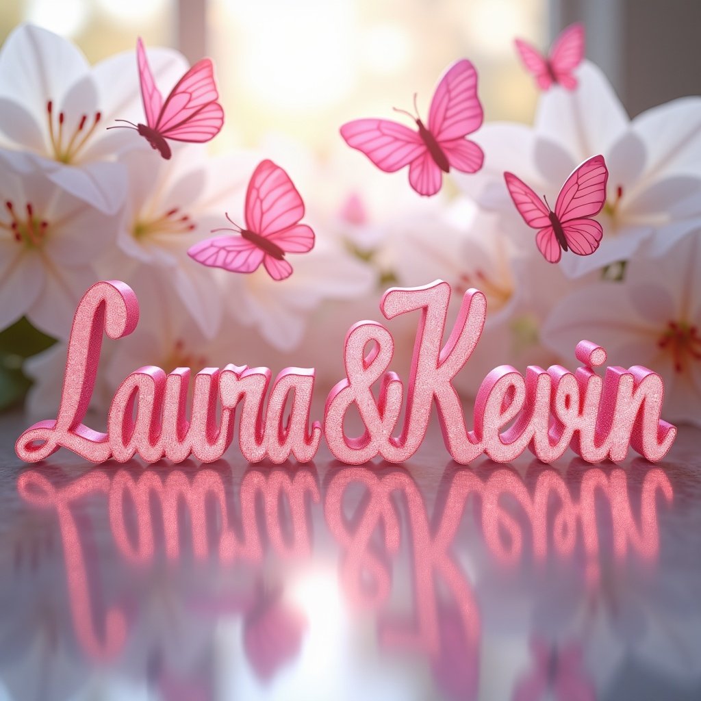 Pink butterflies with white lilies. Name Laura & Kevin in large beautiful font. Glowing metallic appearance. Subtle reflection effect visible.