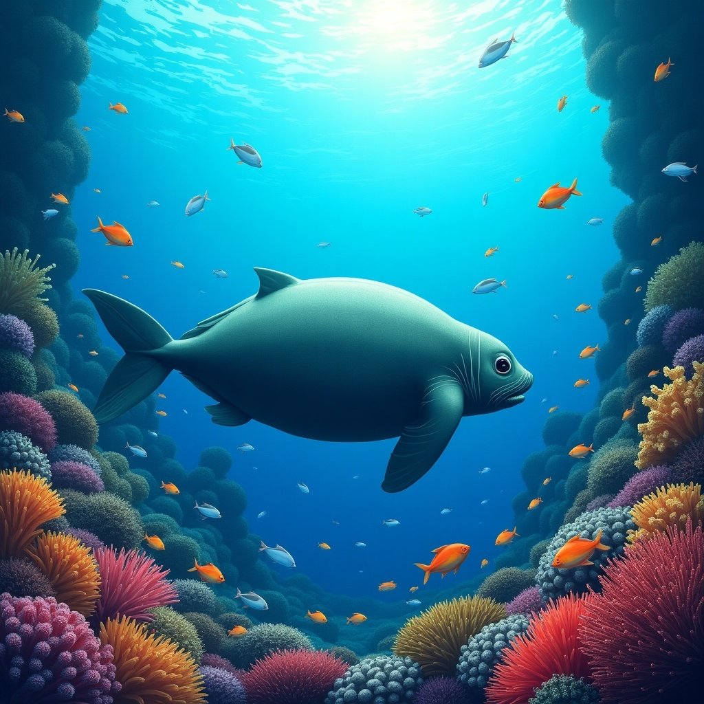 Vibrant underwater scene with colorful coral reefs and schools of fish. Dugong gliding by in a clear blue ocean.