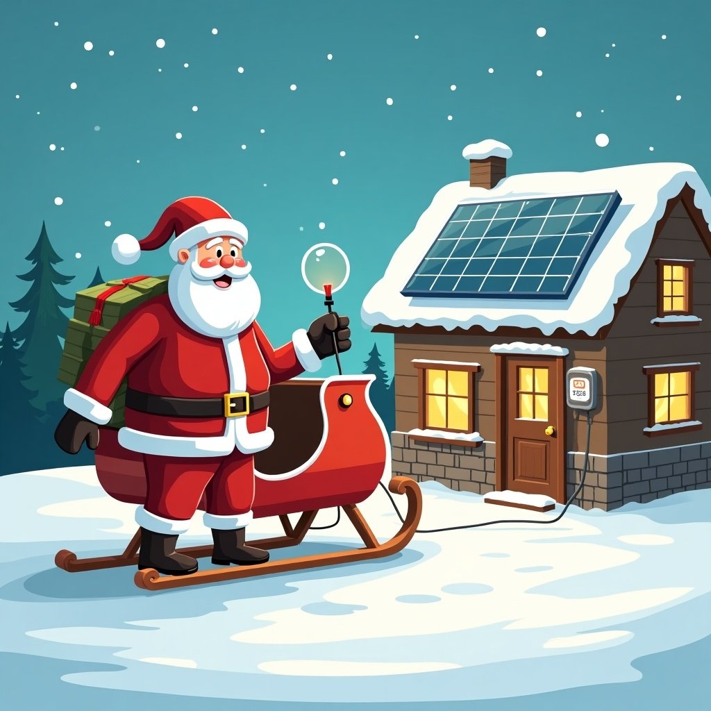 Cheerful scene featuring Santa charging his electric sleigh from his workshop. Roof of the workshop has solar panels. Focus on eco-friendly energy source utilization at the North Pole. Cartoon style.