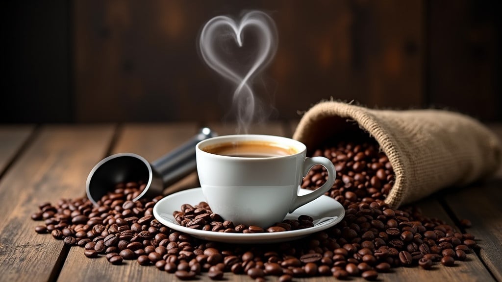 Professional photo shows a steaming cup of coffee placed on a saucer. Cup surrounded by coffee beans spilling out of a burlap sack. Metal scoop partially buried in beans. Scene set on rustic wooden table with dark wooden background. Steam rising shaped like a heart. Lighting highlights texture of wooden table and glossy surface of coffee beans. Cozy inviting atmosphere.