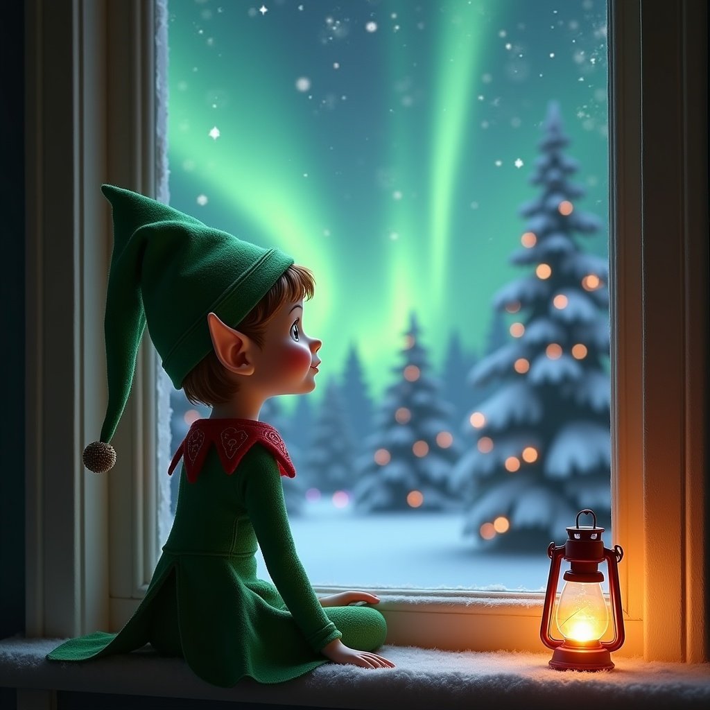 This image shows an elf sitting by a window looking at northern lights outside. The scene features a snowy landscape and a cozy glow from a lantern. The elf wears a green costume and hat. It represents the magic of winter and Christmas.