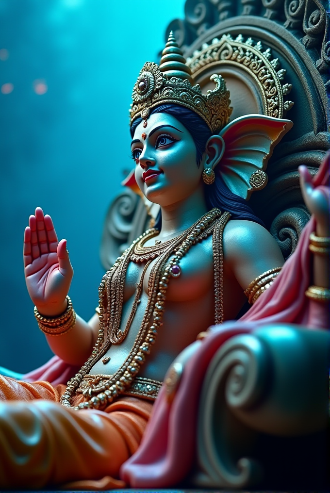 A vibrant sculpture of a divine figure with ornate jewelry, an elaborate headdress, and an open hand, set against a serene blue background.