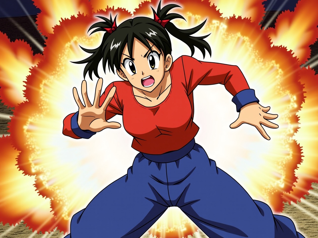 The image depicts a dynamic anime character in an action pose. She is wearing a red top and blue pants, showcasing a determined expression. The background features an explosion, evoking a sense of energy and excitement. Her hair is styled in pigtails, adding to her youthful appearance. The overall style is vibrant and cartoonish, typical of anime art. The character seems prepared for a fight, embodying strength and determination.