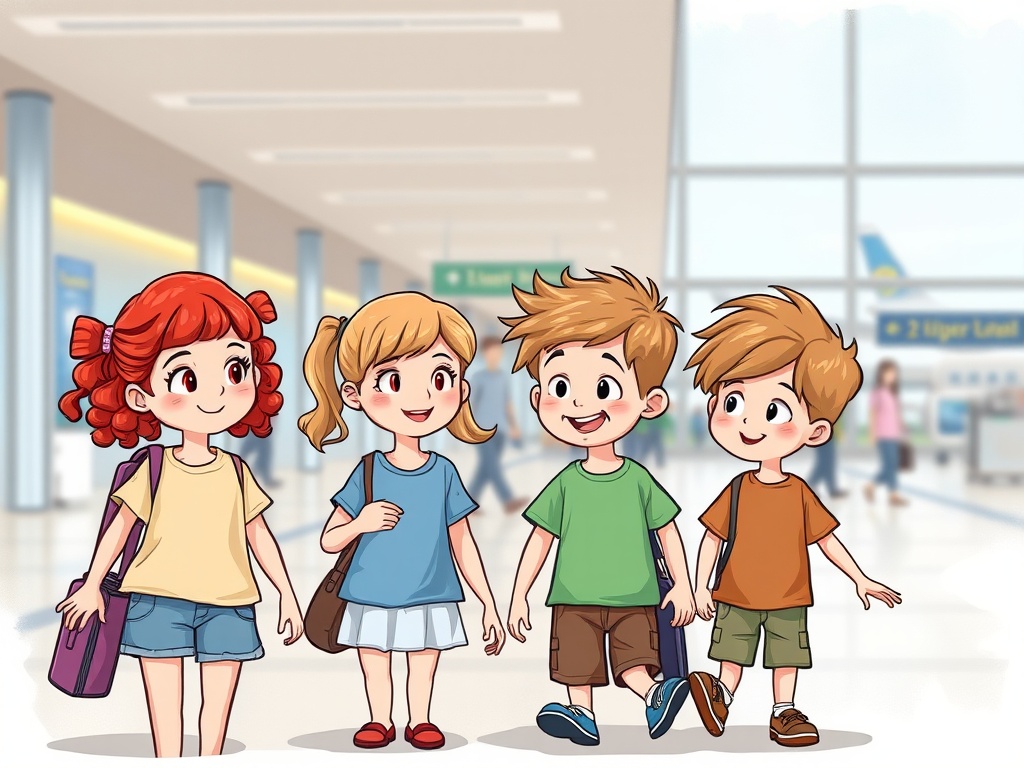 Four cheerful children walking together in an airport with suitcases.