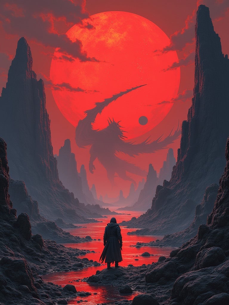 Artwork as an album cover with dark fantasy and sci-fi rock elements. A solitary warrior stands in a landscape with a vivid red sun. Ancient formations and rivers are present. A giant dragon and mythical creatures appear in the background. Dramatic lighting and colors evoke wonder and trepidation.