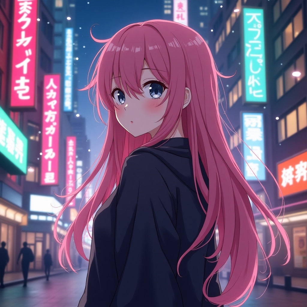 Anime character with pink hair in a vibrant neon city at night. She has big blue eyes and a thoughtful expression. Background features glowing signs and a bustling urban atmosphere.