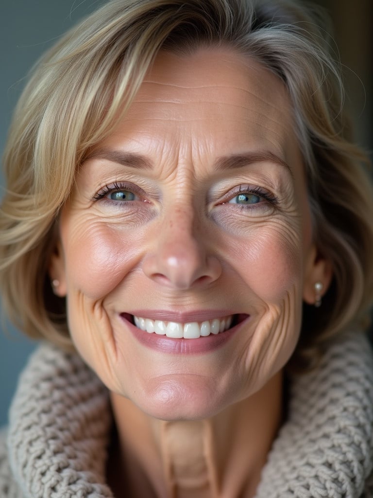 A woman of at least 50 years with noticeable wrinkles appears in two contrasting images. The first image showcases her neutral expression without a smile presenting the signs of aging. The second image depicts the same woman smiling radiantly showcasing the positive effects of skincare or cosmetic treatments.