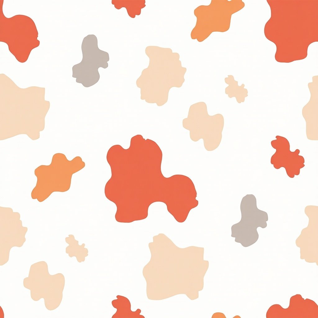 Seamless multicam pattern features a white background. Organic shapes splotches in red, orange, and grey. The design is oriented at a 45-degree angle. Edges are tileable and sizes vary. There are sharp transitions between colors. Maximum resolution is 4K.