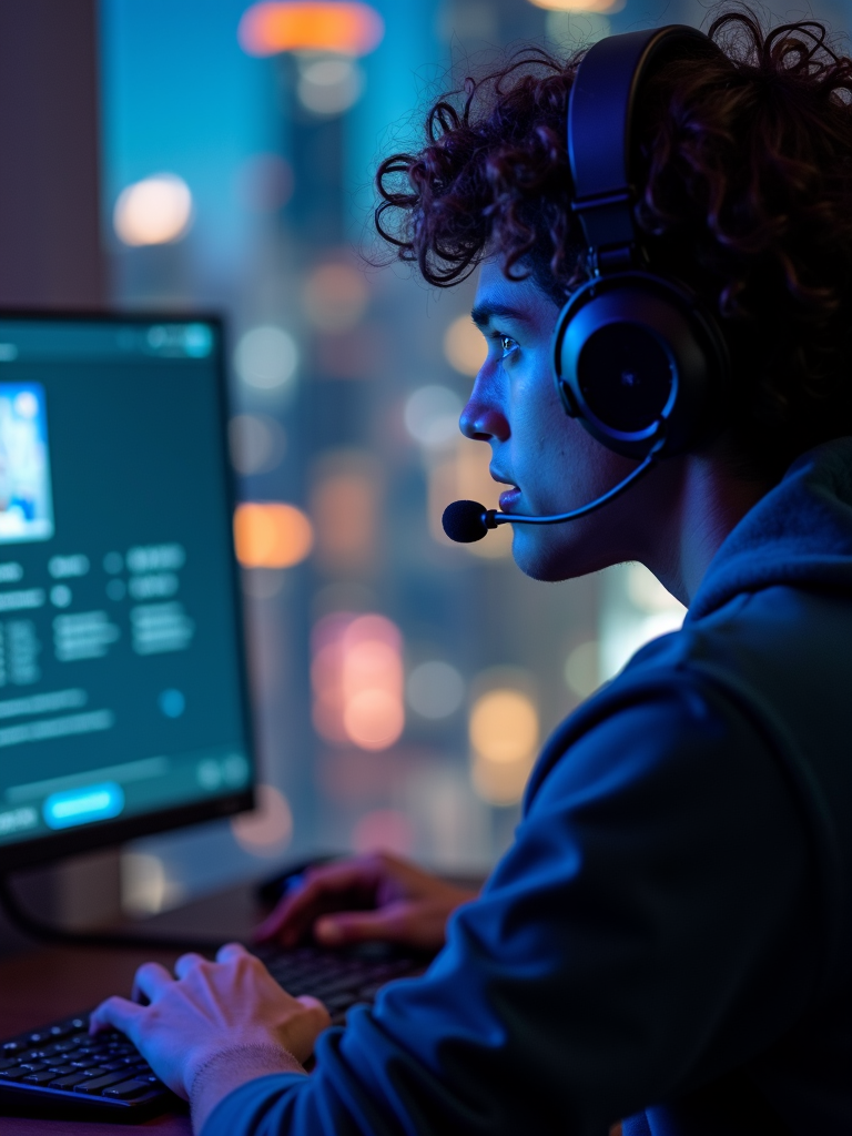 A person with curly hair wearing a headset is focused on a computer screen while typing on a keyboard, with a cityscape of colorful lights visible through a window in the background.