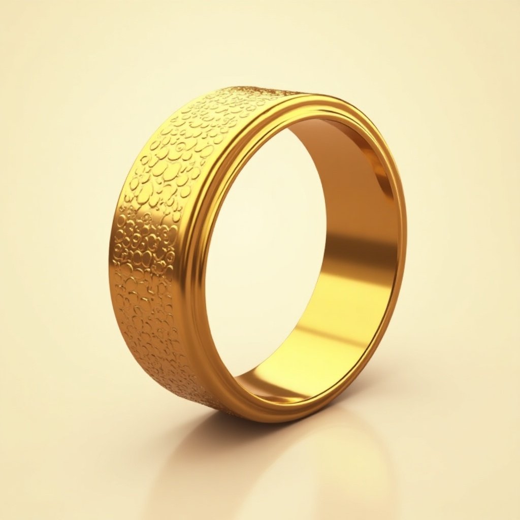 A gold ring with a textured surface. The ring has a shiny finish. It is depicted in a simple, elegant style. The background is light and neutral. The focus is on the detail of the ring.