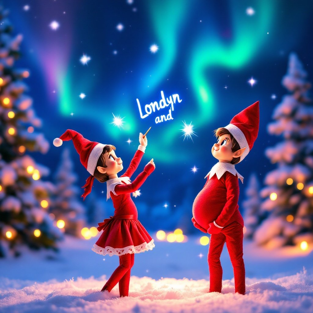 Enchanting Christmas scene features red elf on the shelf with skirt and pregnant belly facing sky. Elf next to her is smiling. Elf holds magic wand writing in glowing script. Backdrop has vibrant northern lights. Scene shows festive spirit of Christmas with whimsical twist. Elf's action creates sense of wonder and excitement.