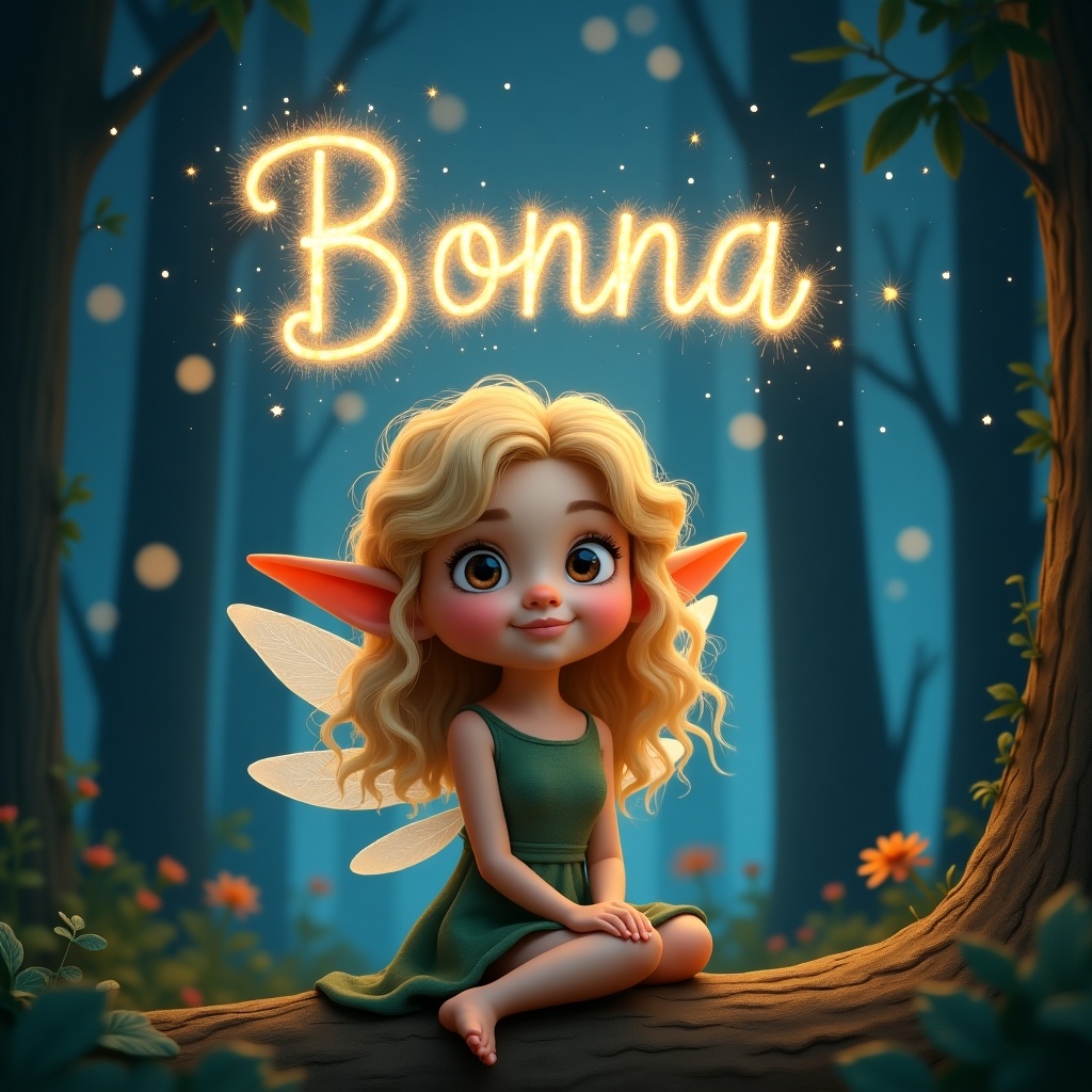 Whimsical image of a little pixie elf girl named Bonna with curly blonde hair and brown eyes, sitting in a forest at night. Background with starry sky and trees, illuminated name Bonna in the sky with sparklers, delicate wings, simple dress. Enchanting and playful vibe, evoking wonder and magic.