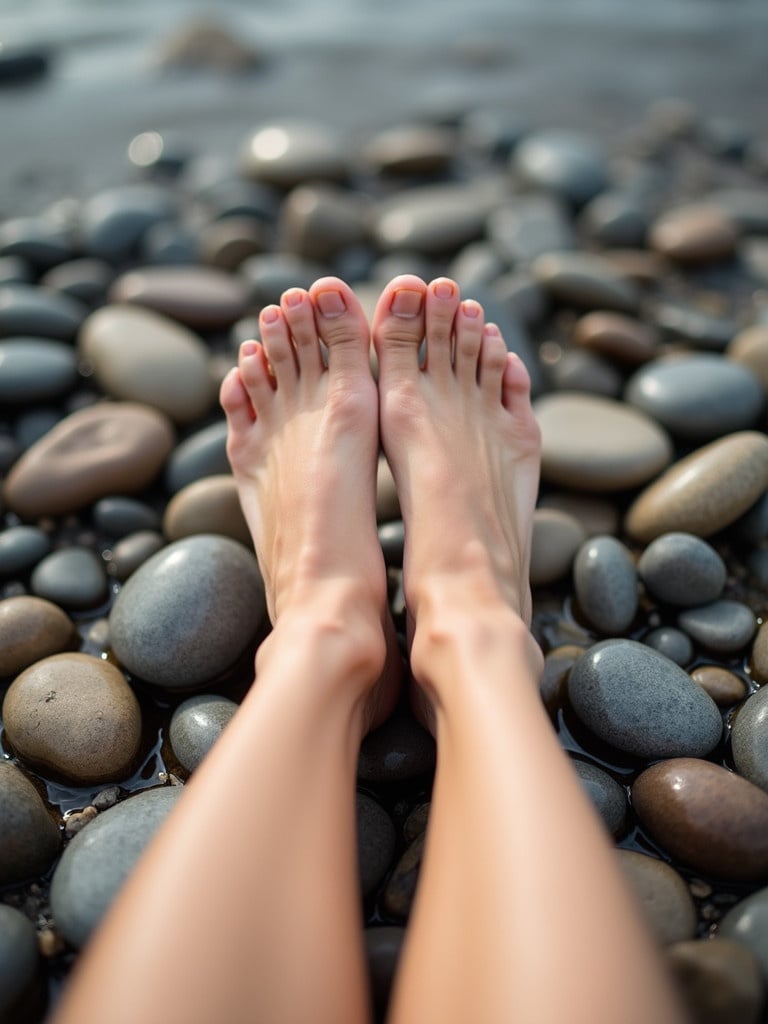 Close-up view of bare feet on smooth pebbles. Soles of the feet are clearly visible facing upward. Toes are slightly curled suggesting relaxation. Ground covered with various shapes and colors of pebbles. The stones appear smooth and polished. Mood is casual and serene. Image evokes relaxation and connection with nature.