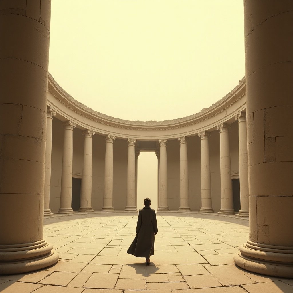 A solitary figure walks through a vast, ancient circular courtyard. Tall columns rise majestically around the space, creating a sense of grandeur. The sky above is painted in sepia tones, adding an ethereal quality to the scene. The ground is smooth and expansive, emphasizing the solitude of the figure. This image captures a moment of reflection in a beautifully designed historical setting.