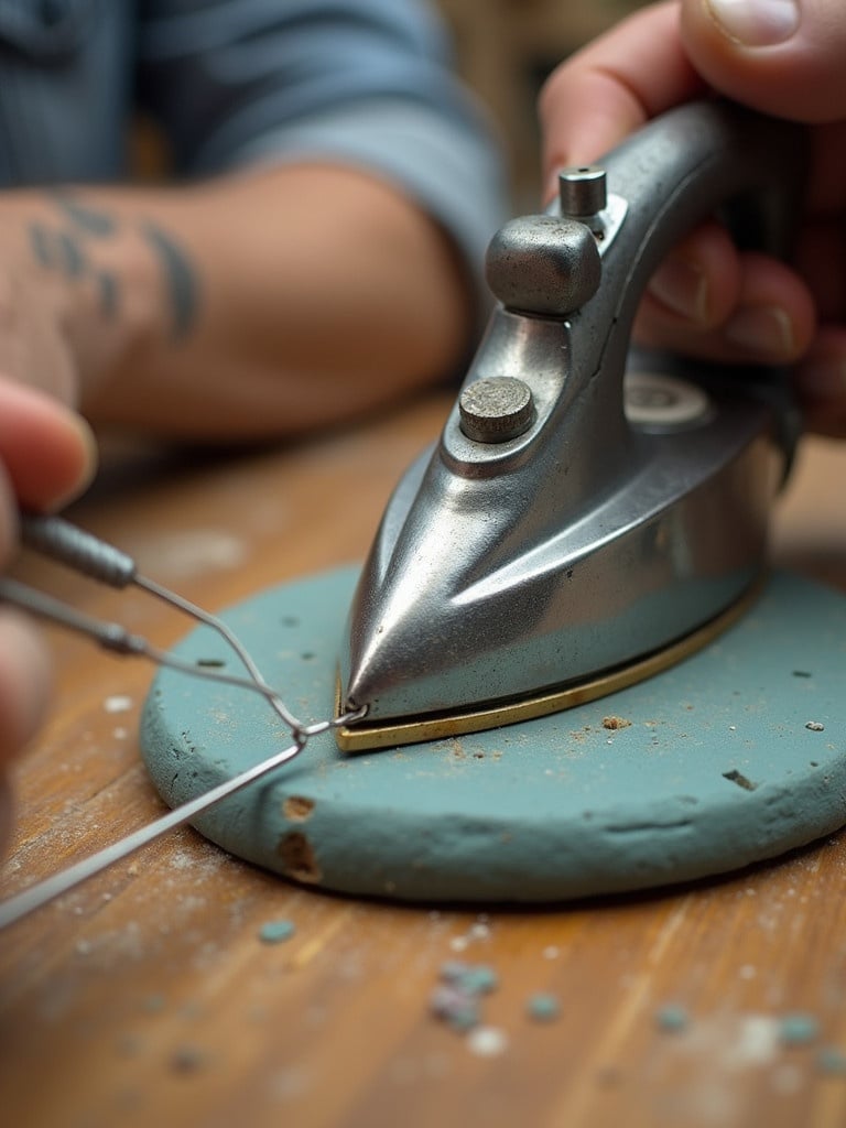 Close-up image of a soldering iron used with clay on a wooden table. Hands are holding the iron and work with it on a soft base. Focus on the intricate details of the tools in use.