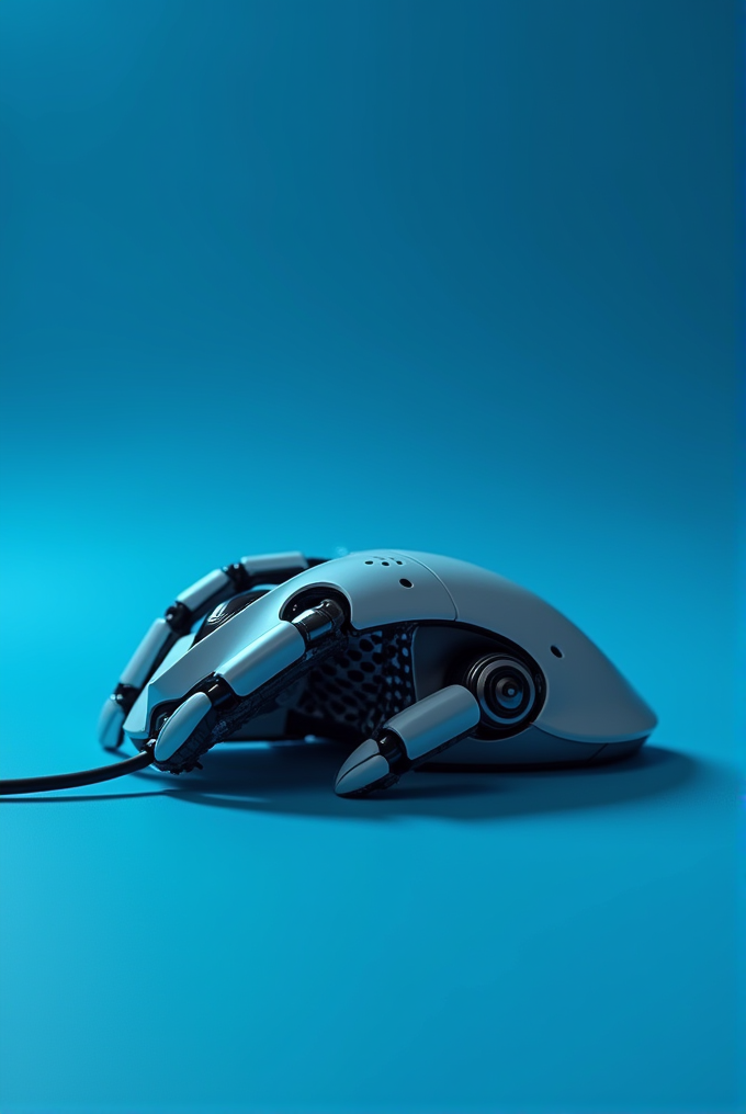 A robotic hand is gently grasping a computer mouse against a blue background, blending technology and innovation.