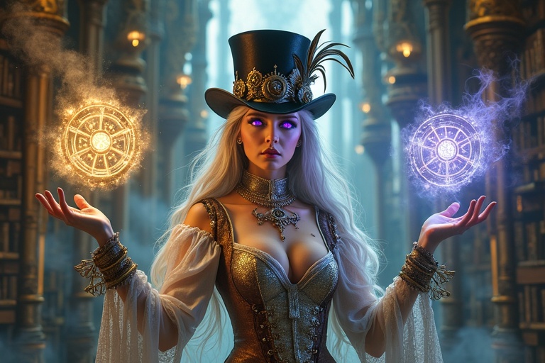 A steampunk sorceress levitating magical orbs in a clockwork tower. Silver hair flows elegantly. She wears a Victorian dress with mechanical details. A top hat with feathers sits atop her head. Ancient books and gears surround her. The atmosphere evokes mystery and enchantment. Lighting adds drama with golden highlights.