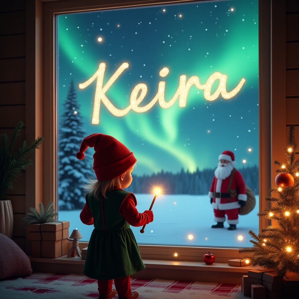 Cozy room with a little girl dressed as an elf looking at the window. Girl holds a wand, writing 'Keira' in shimmering light on a starry background. Outside, northern lights glow above snow, with Santa Claus in the distance carrying gifts. Filled with festive decorations and soft snowflakes, capturing Christmas wonder and joy.