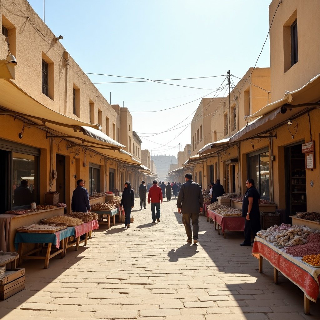 A vibrant market street with people walking. Stalls display various goods under awnings. Buildings have a warm yellow color. Bright sunlight enhances the atmosphere.