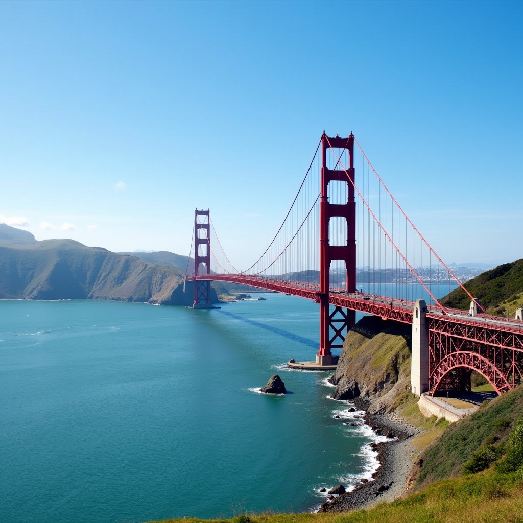 View of a red suspension bridge over calm water under a clear blue sky