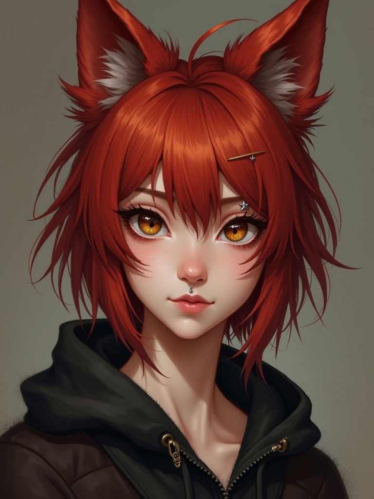 A character with cherry red wolf cut hair. This character has chestnut brown eyes and wolf ears. There are two piercings on the right wolf ear and one on the left. A nose ring is present. The background is simple and subtle.