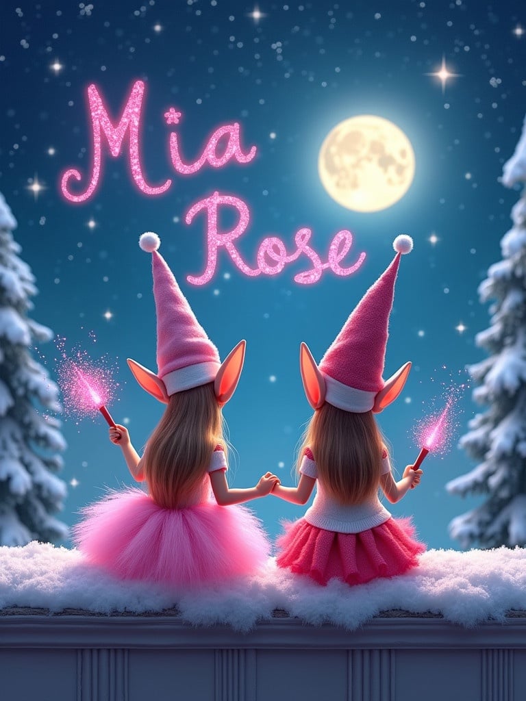 Two elves sit together in a snowy landscape. They hold magical wands with pink glitter. One elf has a pink poofy dress. The other elf wears a white and red poofy dress. A bright moon shines in the background. The name 'Mia Rose' glows in pink letters in the sky.