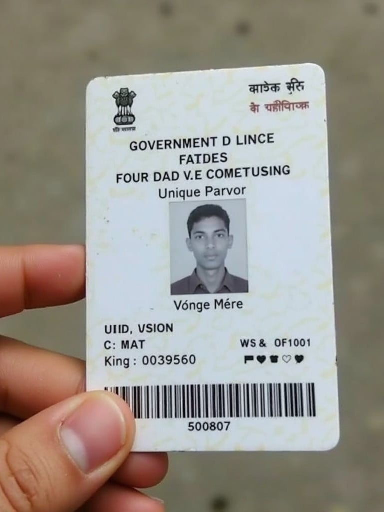 Image of a government issued Unique Disability ID card from India. The card has a white background with blue and black text. It is held by a hand in daylight. ID card features identification information.