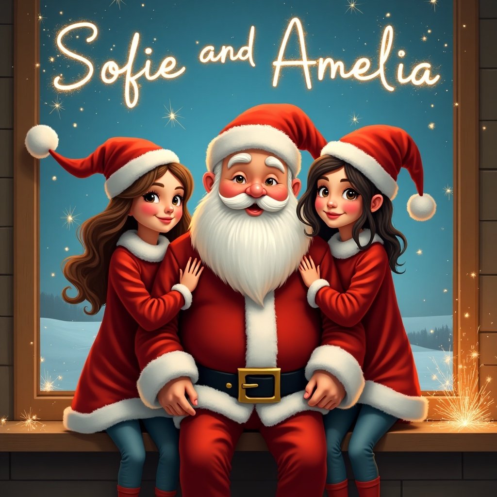 The image features Santa Claus sitting comfortably in a festive setting, surrounded by two girls. One girl, Sofie, age 3 with brown hair and brown eyes, is on Santa's left. The other girl, Amelia, age 9, with similar brown hair and eyes, is on his right. They are both wearing matching red outfits with Santa hats. Above them, the names 'Sofie and Amelia' are written in the sky with shimmering sparklers. The background includes a cozy winter scene with snowflakes, creating a magical Christmas atmosphere.