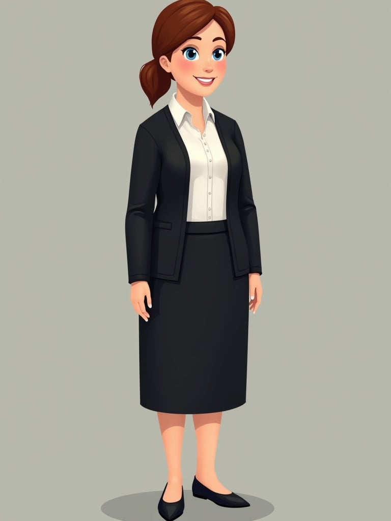 Animated character of a woman in her 40s with auburn hair in a ponytail. She has a soft round face and blue eyes. Dressed in professional black attire with a white blouse. Appears approachable and motherly with a gentle smile.