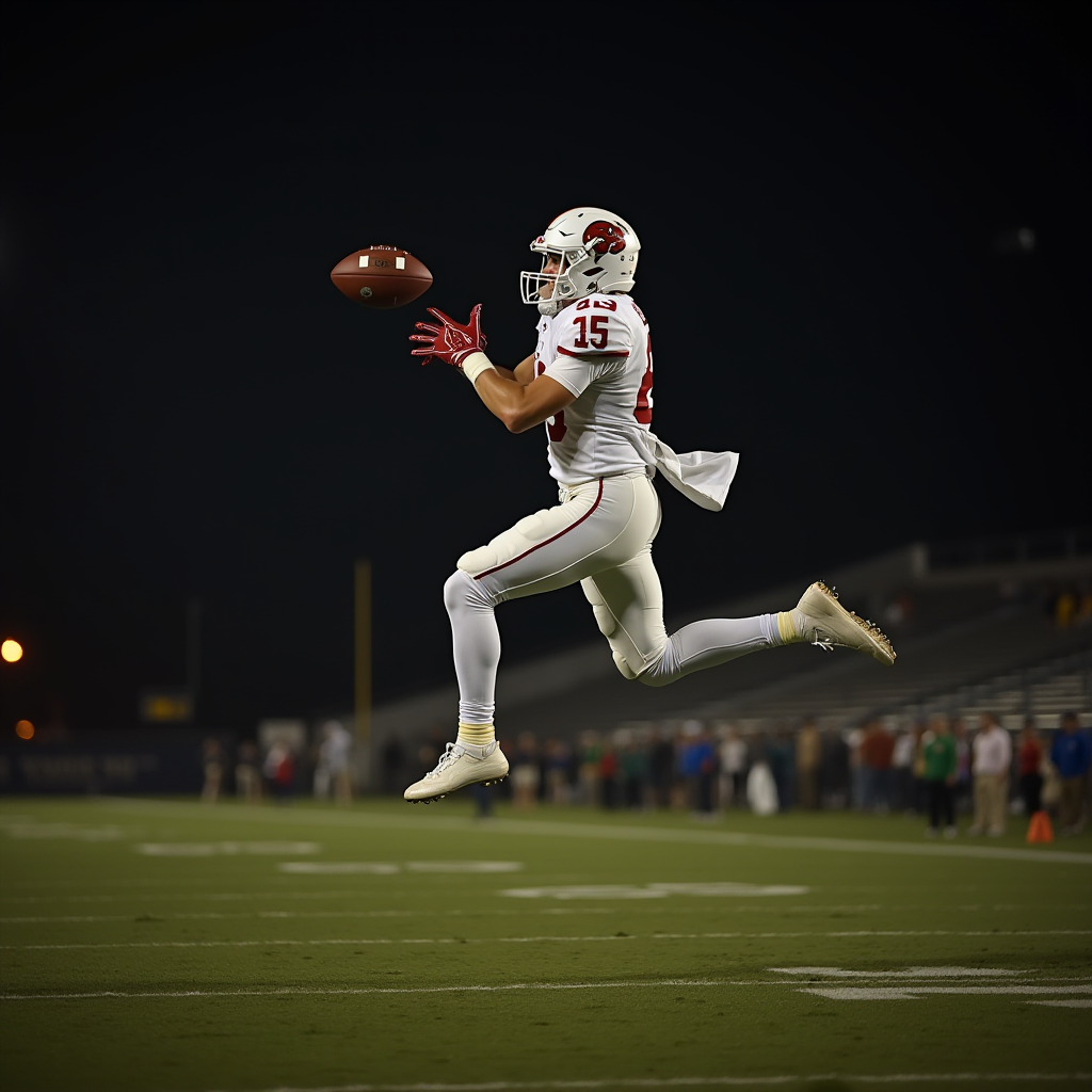 A football player in white jersey makes a mid-air catch during a night game.