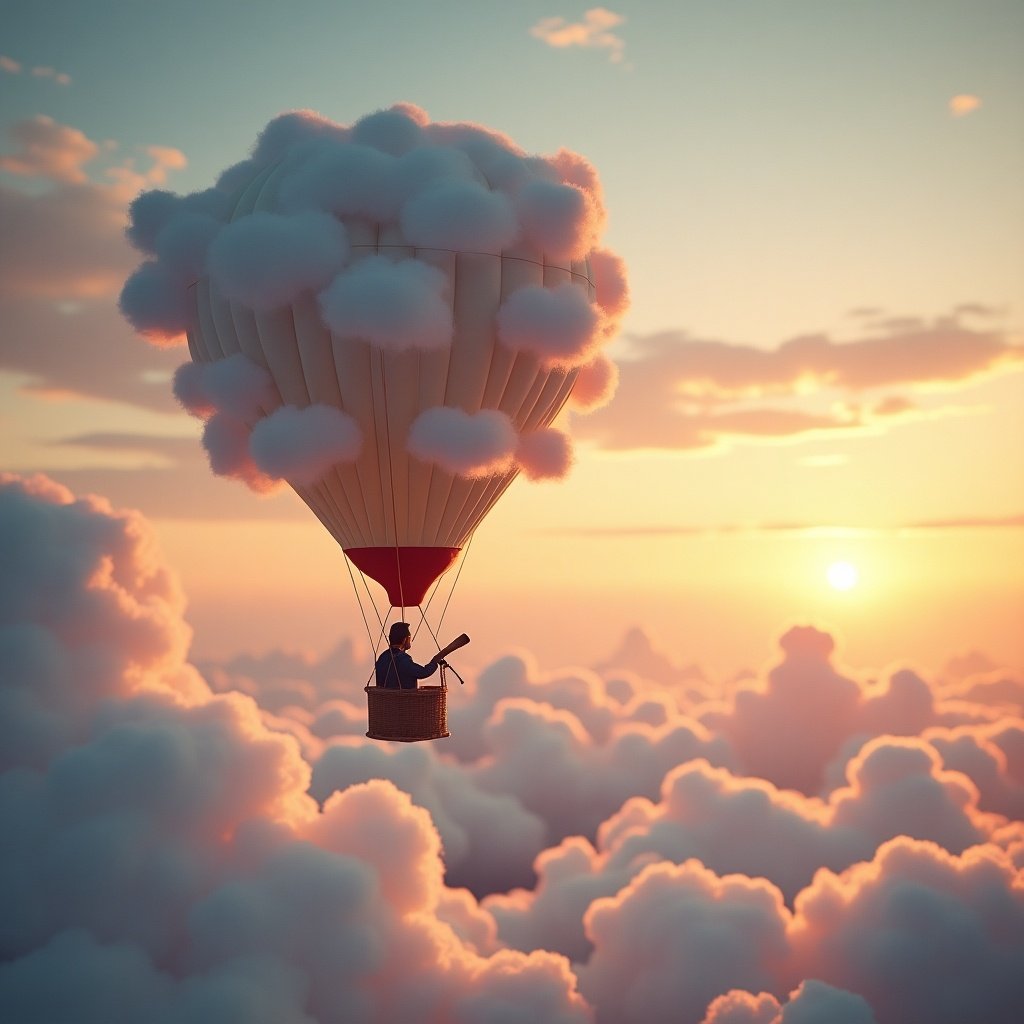 Imaginative scene features a hot air balloon with a tiny pilot holding a telescope. Balloon shaped like a giant cloud. Pilot scanning the horizon. Fluffy cloud trails behind. Background is a sky with shades of pink and orange at sunset. Scene emphasizes exploration and thrill of discovering new worlds.