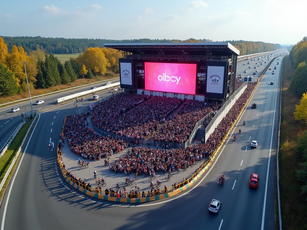 The image captures an aerial view of a massive crowd gathered around a large outdoor screen. The scene is set near a highway, with cars visible in the lower part of the frame. The audience appears engaged and excited, likely watching a live event. Surrounded by trees showing autumn colors, the setting adds a vibrant backdrop. This large gathering suggests a community event or concert, emphasizing the popularity of such experiences. It's a clear day, enhancing the visual appeal of the scene.