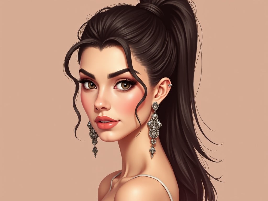 This digital artwork features a female character with a high ponytail. She has subtle makeup enhancing her features. Her eyebrows are neatly styled, framing her expressive eyes. The character wears ornate earrings that catch the light. The background is a solid, soft color, accentuating her striking appearance. The overall aesthetic is refined and elegant, showcasing contemporary beauty.