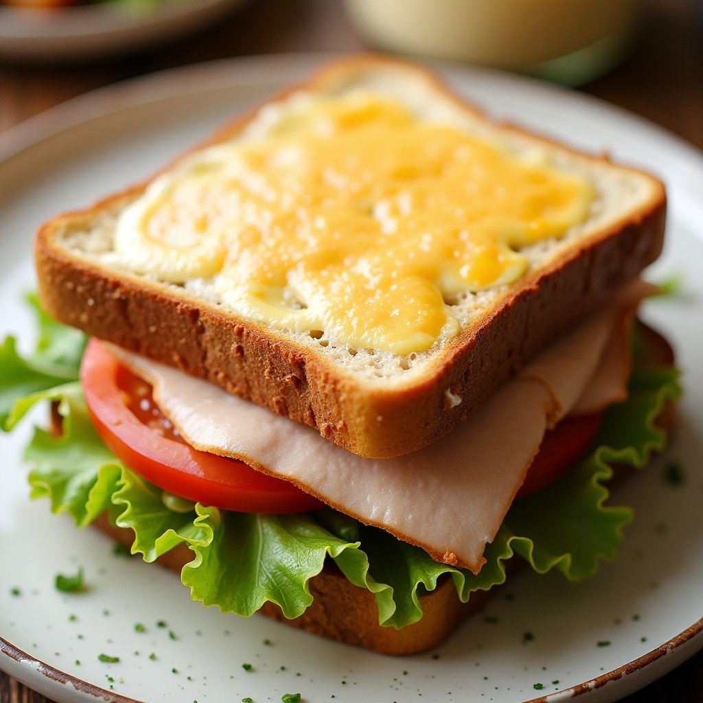 Toast sandwich stacked with smoked turkey and melted cheese. Includes iceberg lettuce and tomato with mayonnaise. Appears fresh and appetizing.