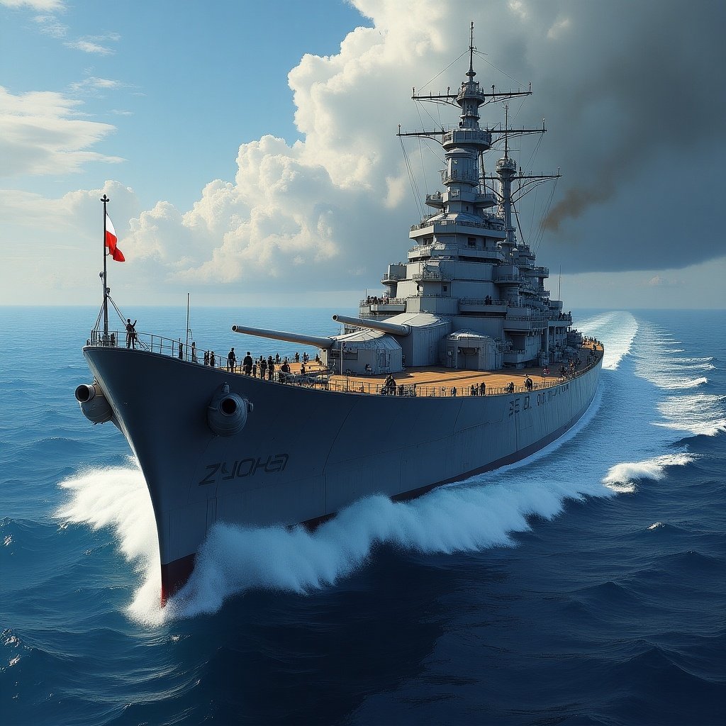 A large battleship moving through the ocean. The battleship has a gray hull with deck crews and a prominent red flag. The background includes dramatic clouds and sunlight, creating an imposing atmosphere.