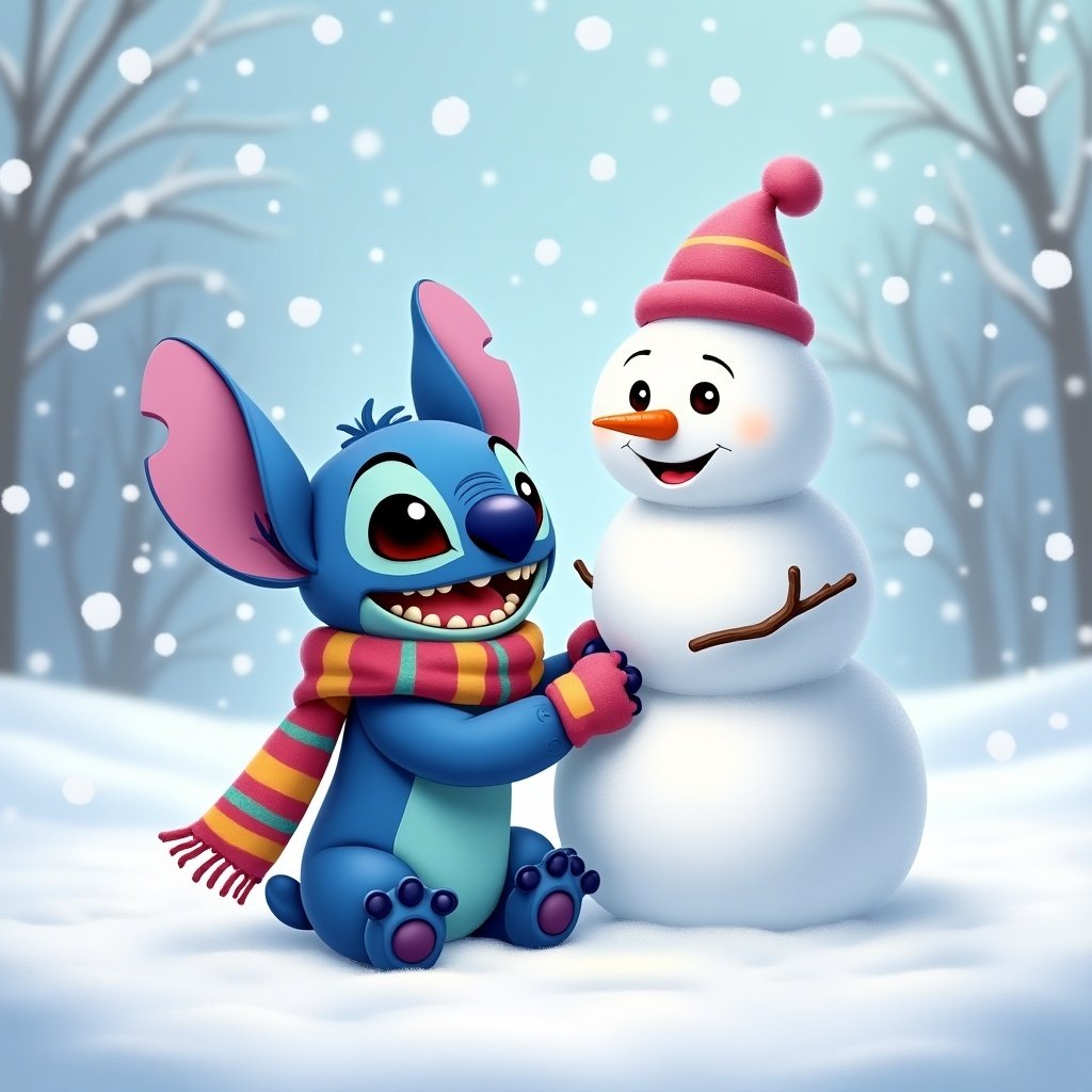 Stitch in snow builds snowman. Stitch has blue fur with a striped scarf. Snowman wears a pink and white hat with a carrot nose. Snow falls gently around them.