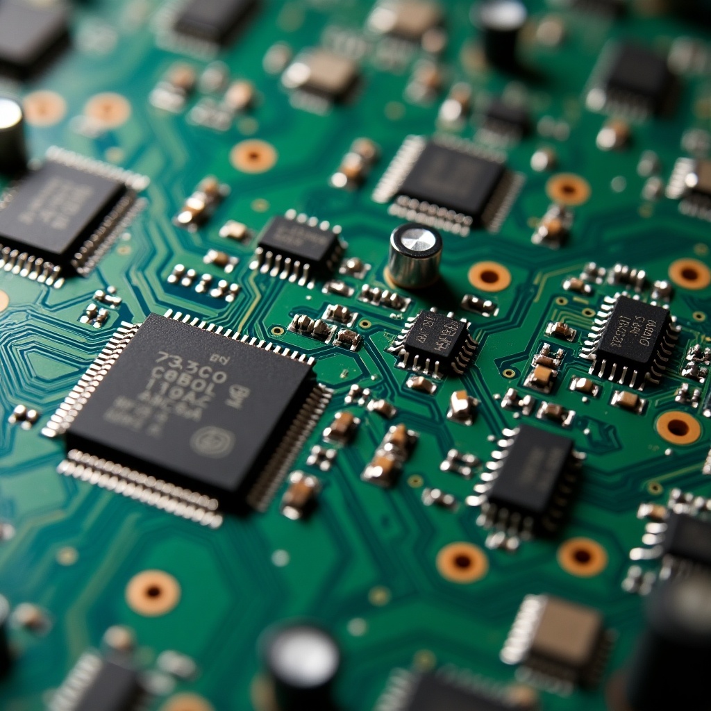 This image is a close-up view of a printed circuit board, showcasing a variety of electronic components intricately arranged. The vibrant green background contrasts with the black and silver microchips. You can see capacitors, resistors, and integrated circuits connected by fine copper traces. The composition emphasizes the complexity and design of modern electronics. Soft lighting accentuates the details, making it an ideal representation of technology.