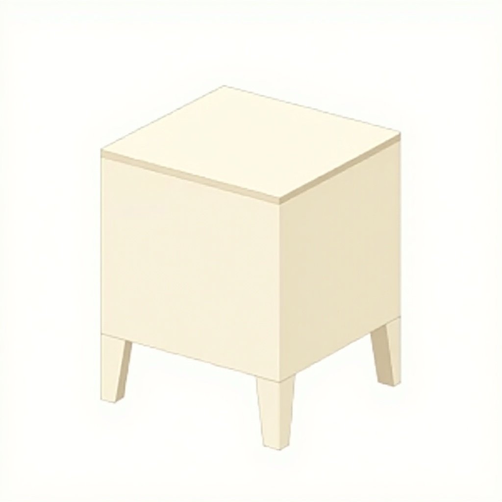 Image of a modern square table serving as a storage unit. The design is minimalist with a flat top and four slightly tapered legs. The color is neutral with a beige base and light top. Suitable for small spaces, functional and stylish. Displays orthographic and isometric views to show dimensions and storage features.