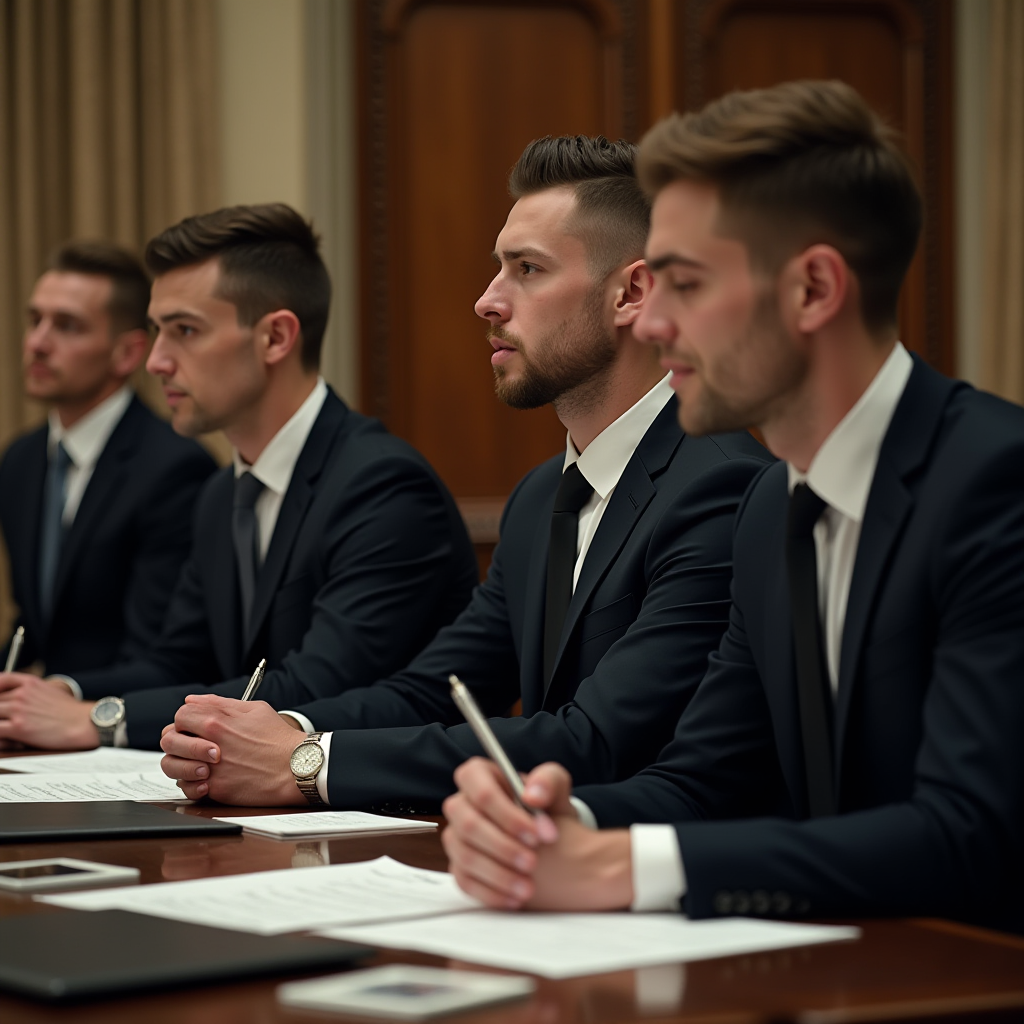 A group of men in suits attentively sitting at a conference table with documents and pens.