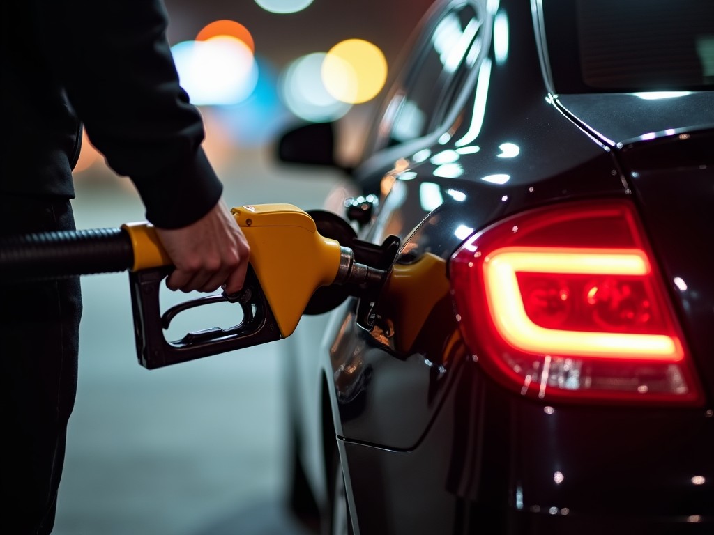 A person is refueling a black car at a gas station. The gas pump nozzle is yellow, and it is inserted into the car's fuel tank. The taillights of the car are illuminated with a bright red glow. The background is blurred, suggesting a focus on the car and the fueling process. The atmosphere is dimly lit, creating a warm ambiance around the car.