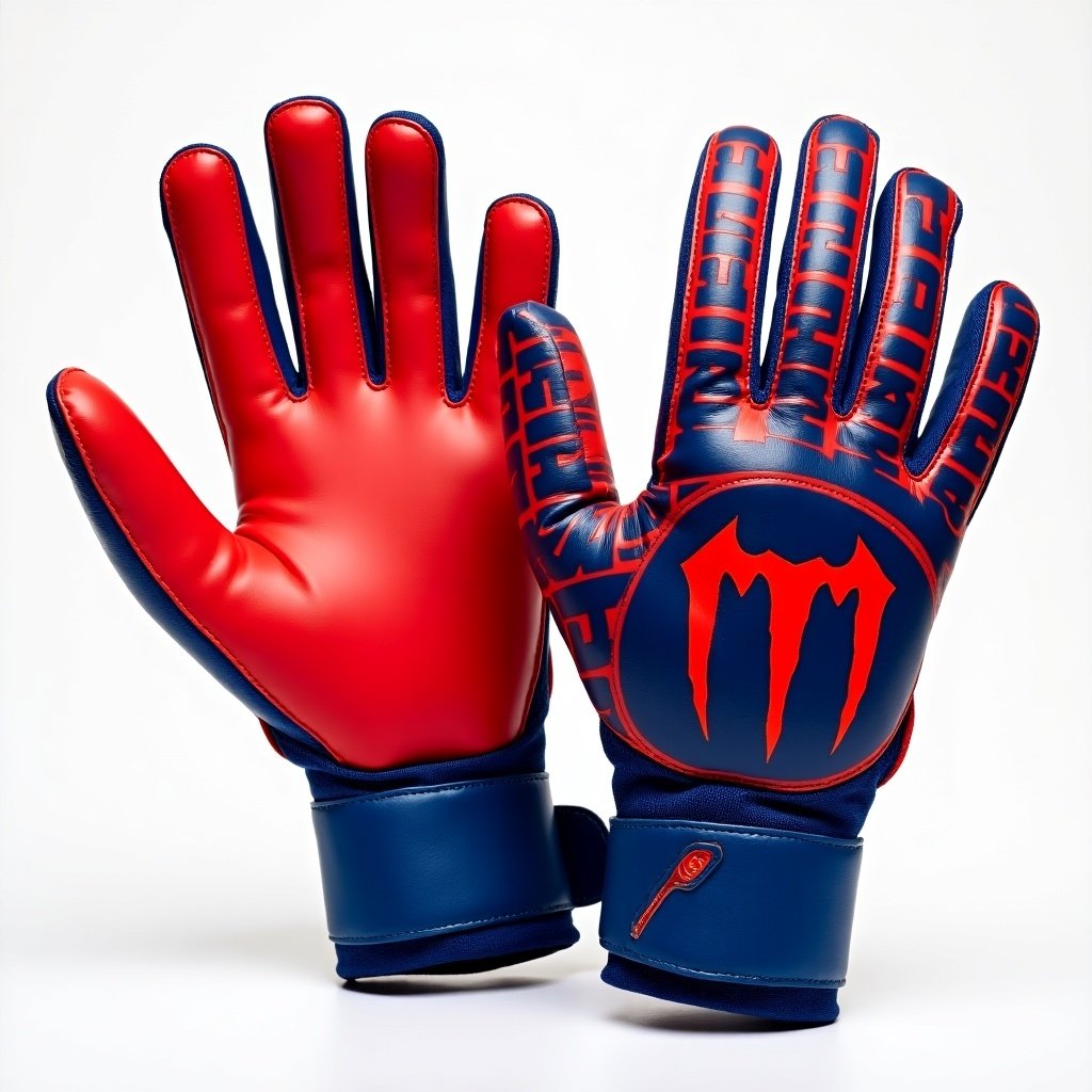 Football gloves that are red and blue with the words Motorade on them.