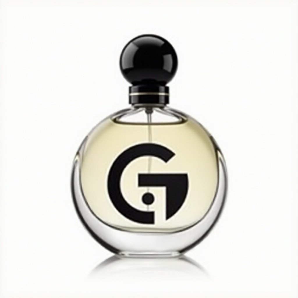 Perfume bottle featuring a circular design and a circle logo. Logo is predominantly black and white. The bottle itself has a circular shape.