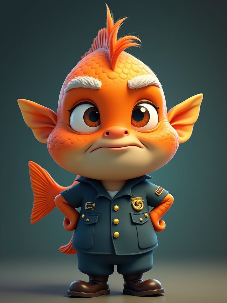 Cartoon fish character wearing military uniform. Serious expression. Standing confidently with hands on hips. Bright color palette and playful design elements. Suitable for children’s media.